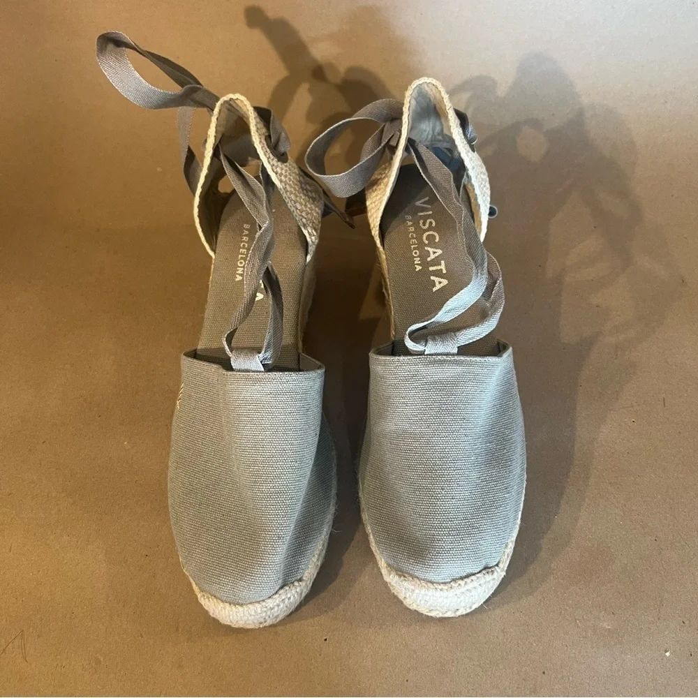 Viscata Barcelona Escala Canvas Espadrille Wedges Grey Ankle Tie Up Women US 10
